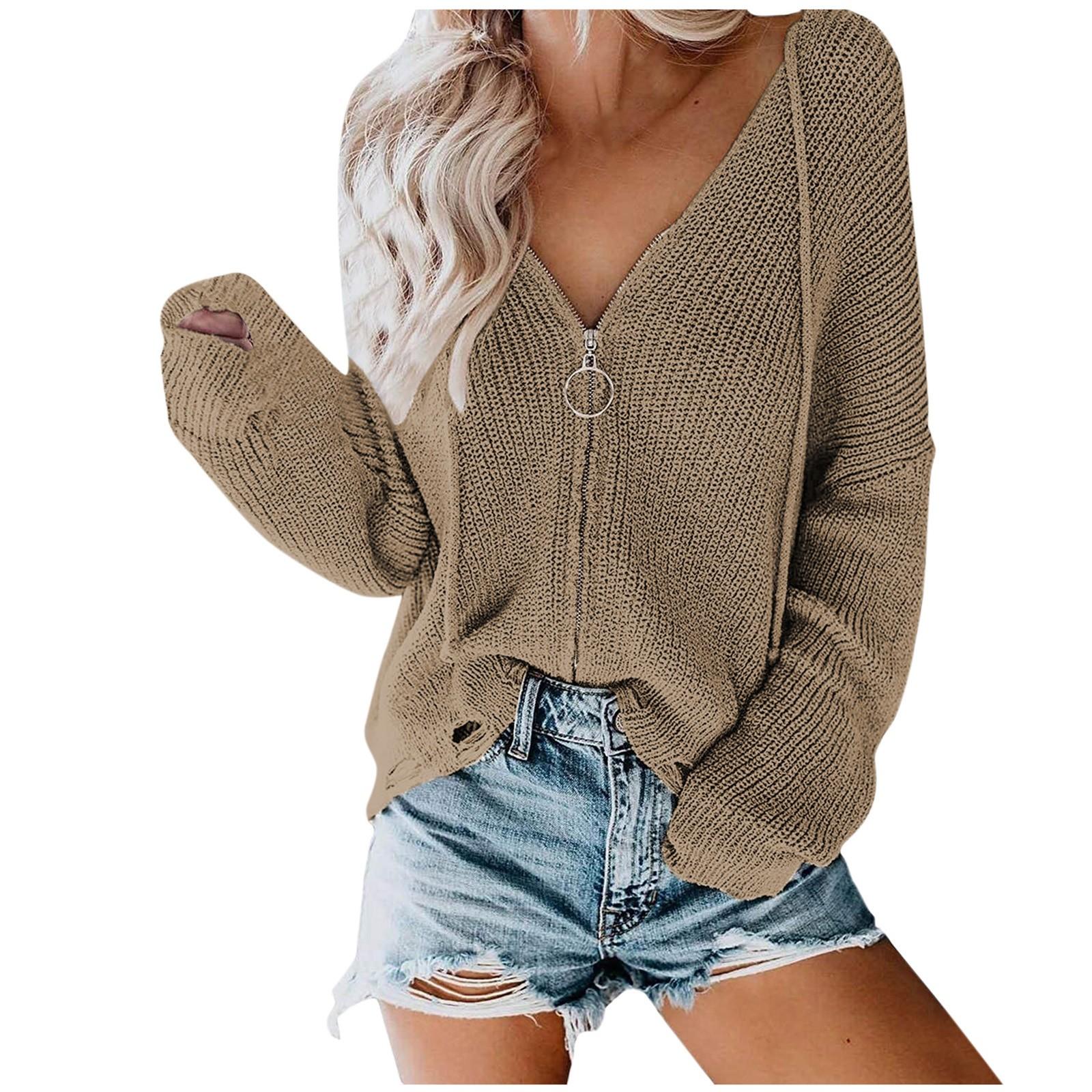 

Женская мода, повседневный однотонный свободный свитер с капюшоном и застежкой-молнией XXL хаки