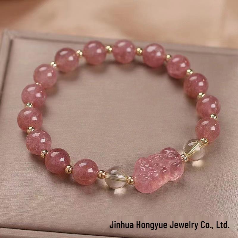 Women s Wealth-Attracting Strawberry Quartz  Rutilated Quartz Pixiu Bracelet Gift