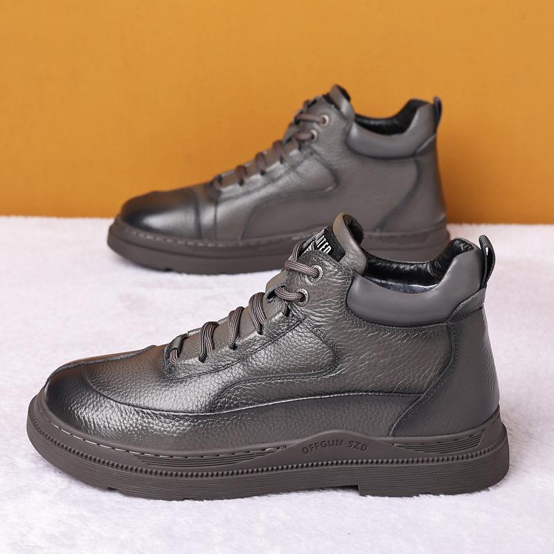 Winter First Layer Cowhide Wool Men's Warm Cotton Shoes Leather Velvet High-top Outdoor Casual Dad Men's Shoes Northeast