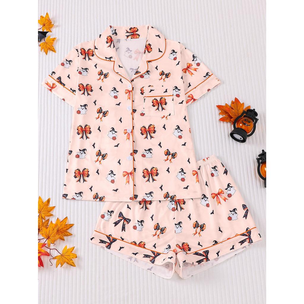 Ladies Pajamas Halloween Printed Lapel Short Sleeve Shorts Loungewear Set