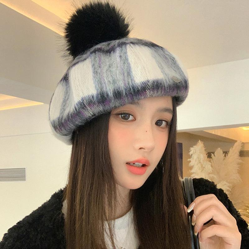 New Autumn and Winter Plush Beret Korean Cute Fur Ball Hat for Women Fashion Versatile Octagonal Hat Windproof and Warm Hat