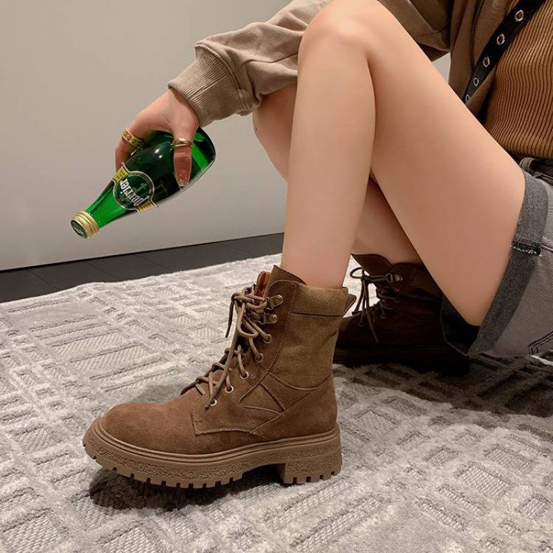 New women's leather boots leather lace-up thick-soled non-slip low boots autumn and winter mid-heel square heel cowhide Martin boots women