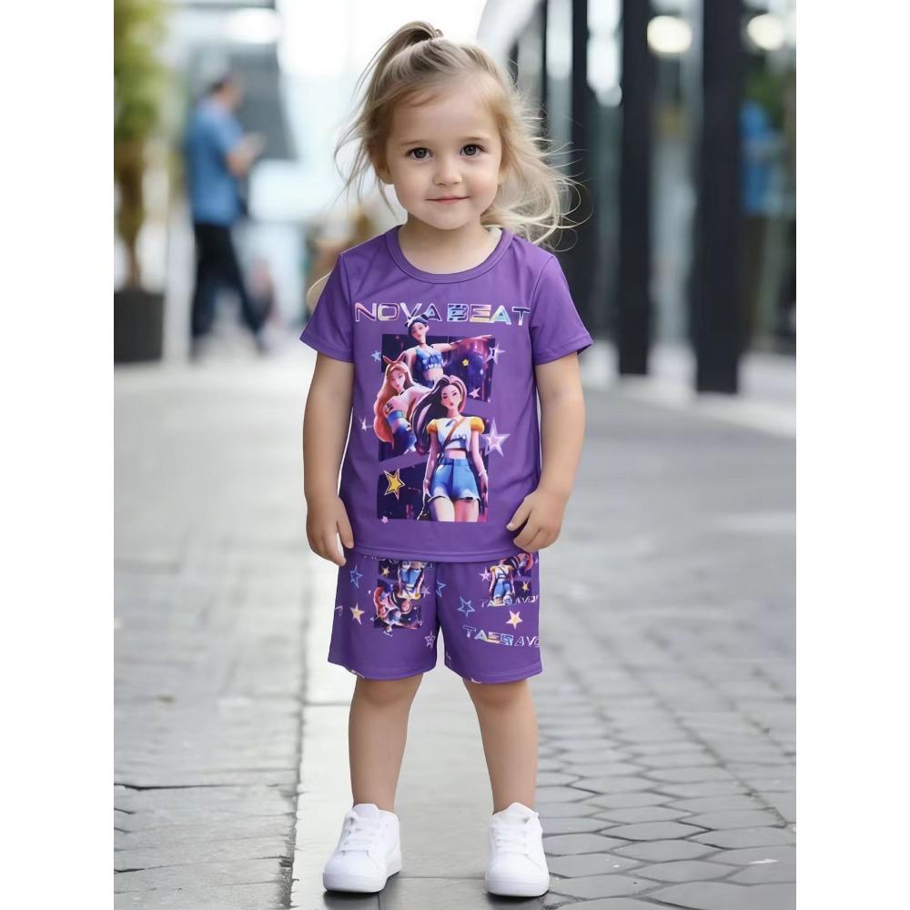 Summer New Arrival Girls Purple Cartoon Character Print Short Sleeve Shorts Set 110