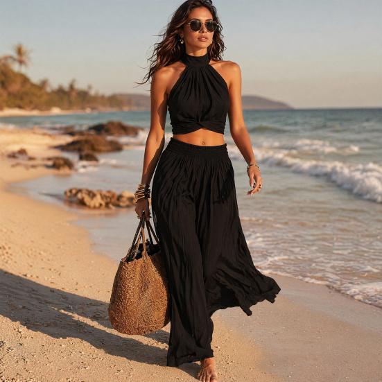 Comfortable Summer Pants Women's 2 Piece Outfits, High Neck Halter Sleeveless Top And Slimming Loose Trousers Wide Leg Matching Set, Beach Vacation