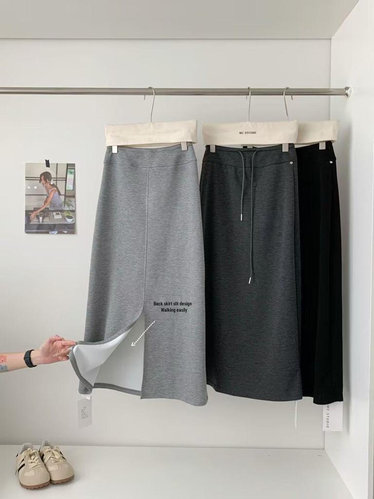 Fustă Midi din Bumbac cu Talie Elastică Înaltă, cu Șnur, Drapată și cu Șliț A-Line