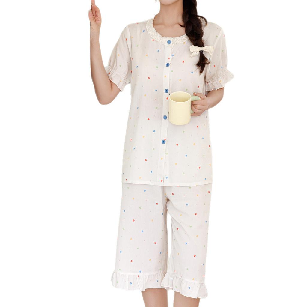 Sweet princess style women's summer cotton and silk pajamas short-sleeved cardigan loungewear lyocell suit can be worn outside large size