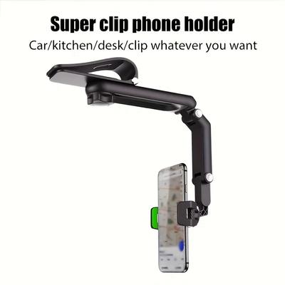 1 supporto universale per telefono da auto con visiera parasole girevole a 1080°, materiale ABS resistente, supporto regolabile per camera da letto, cucina e uso in veicolo
