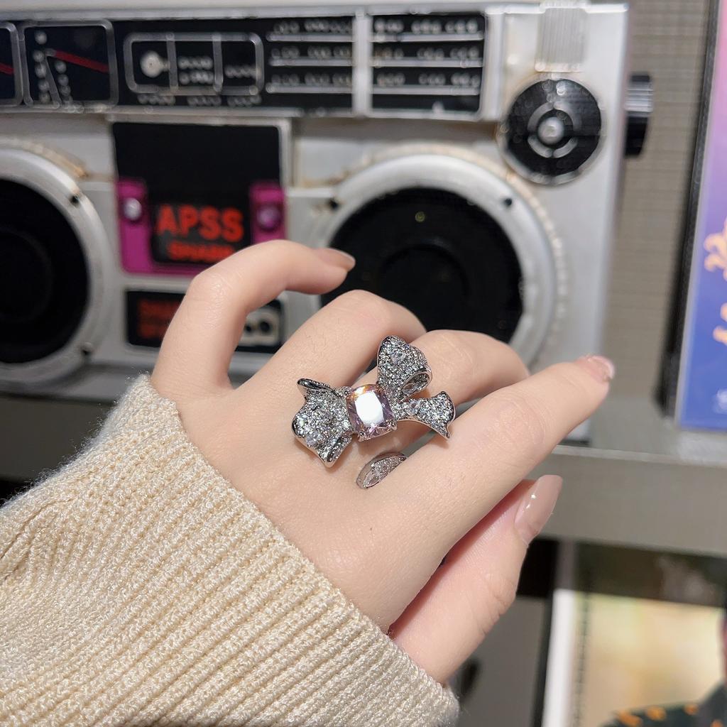 Bright Pink Diamond Colored Treasure Flower Ring Women'S Opening Light Luxury High Sense Design Elegant Temperament