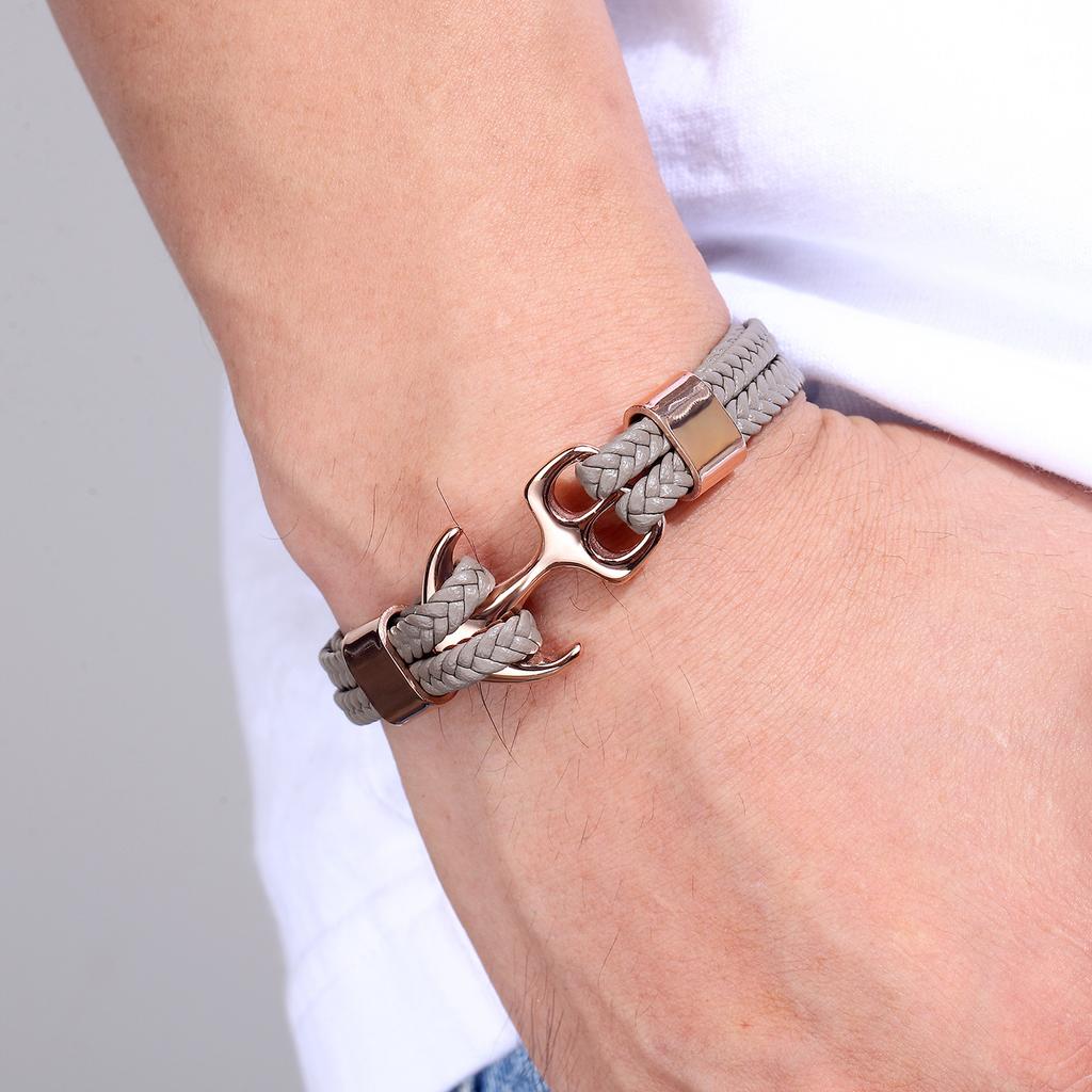 European and American Men's Leather Bracelet Woven Anchor Stainless Steel Leather Bracelet Leather Rope Trend