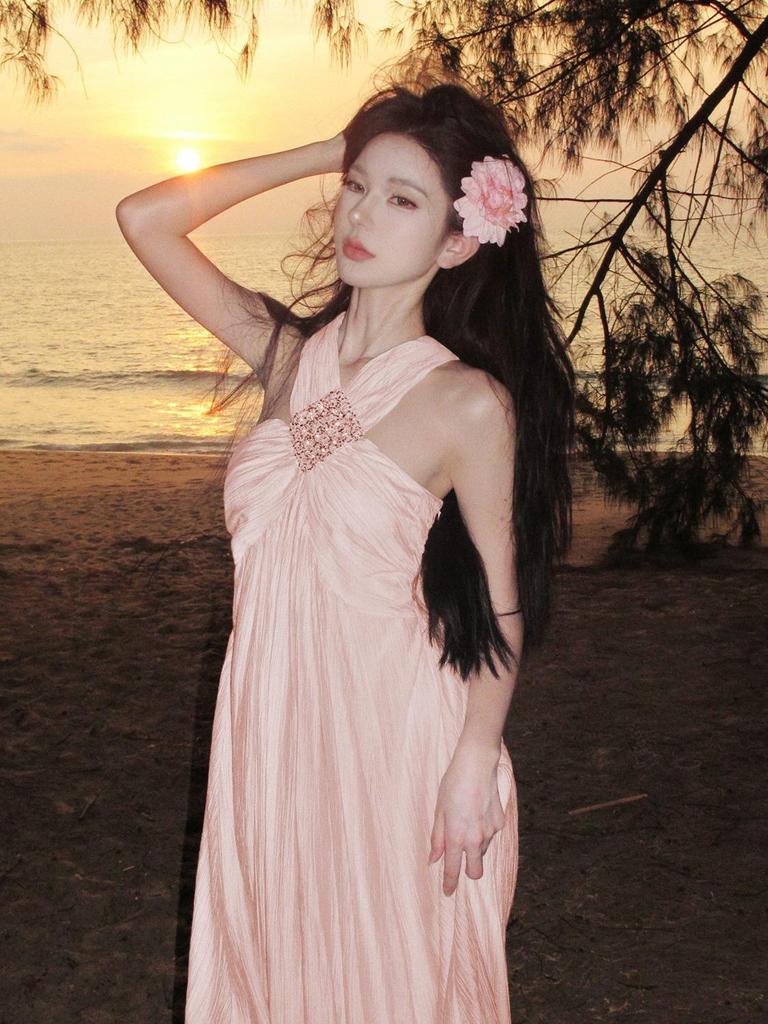 French Peach Pink Spaghetti Strap Slimming Slit Gown