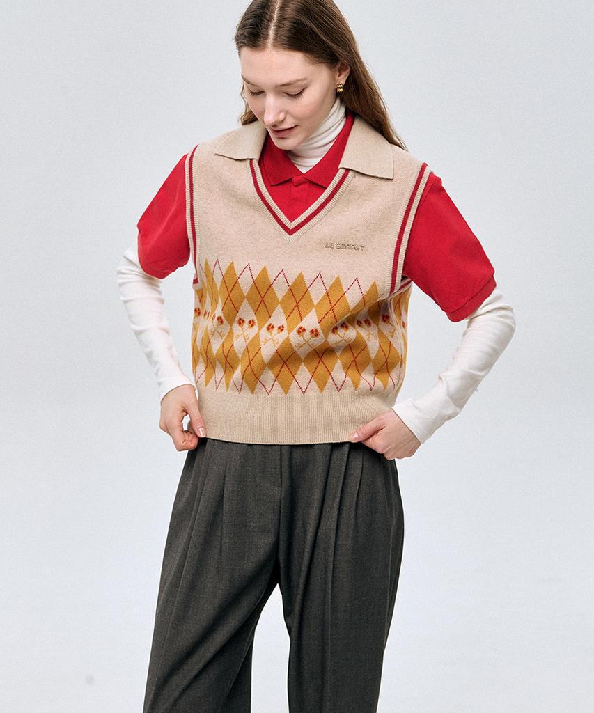 Lesonnet Logo And Argyle Knit Vest Beige