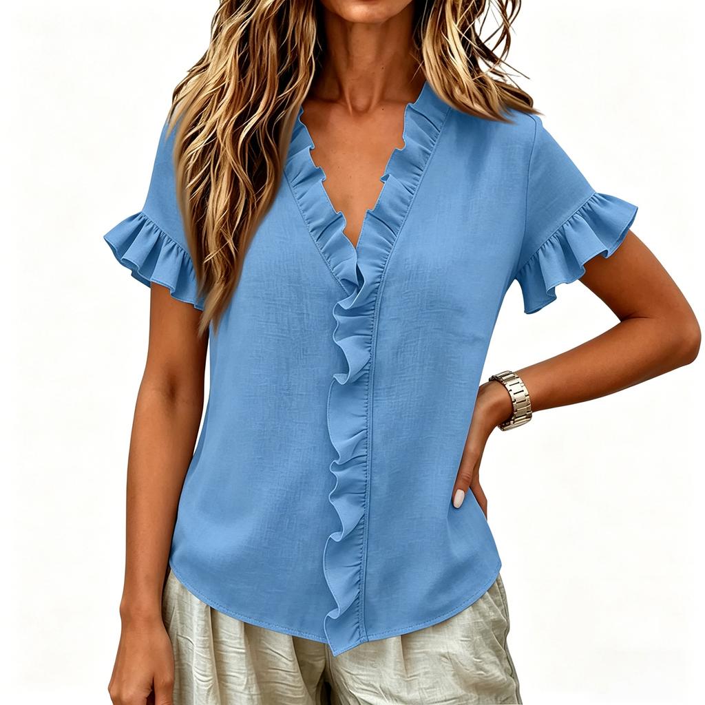 Womens Tops Cotton Linen  Short Sleeve V Neck Shirts Loose Top