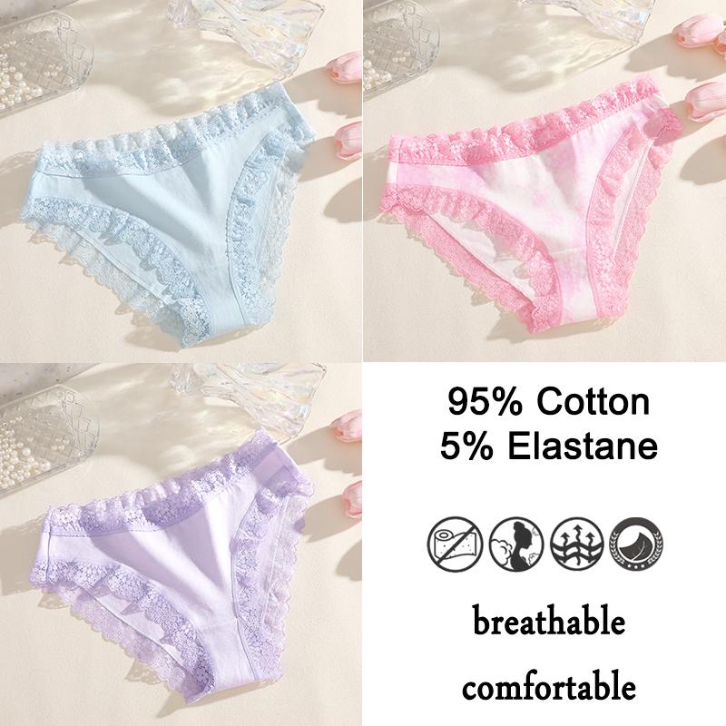 FINETOO 3PCS/SET Women Cotton Printing Panties Seamless Lace Panties Low Rise Briefs Comfortable Sexy Lingerie Intimates Panties