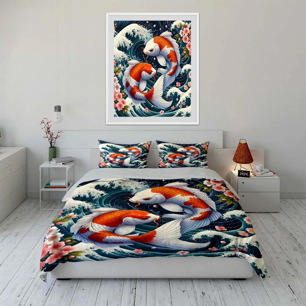 Koi Fish Artistic Decor Set Soft Comfortable Duvet Cover Bedding Set Included 1*Duvet Cover & 2*Pillowcases Gift