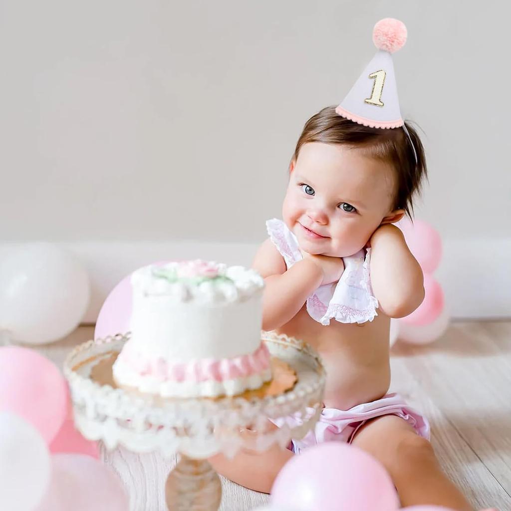 HGFC First Birthday Hat for Baby Girls - Glitter Hat with Pink Pom Topper, Cake Smash Photo Prop for 1st Birthday