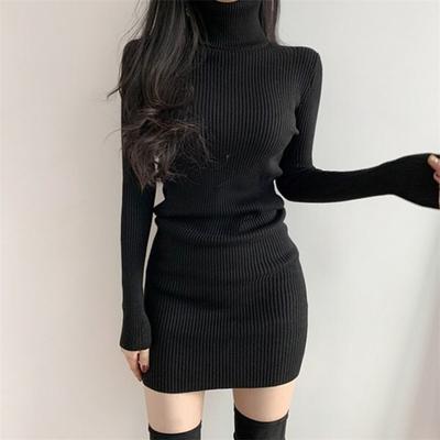 Autumn and Winter Inner Bottom Turtleneck Knitted Sweater Dress Solid Color Elegant Women Hip-wrapped Bodycon Short Party Dresses Fashion Clothing