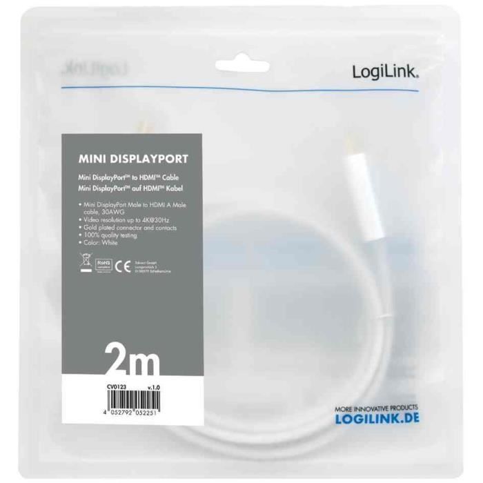 Câble Mini DisplayPort - LogiLink - HDMI - 4K - 1,0 M - Blanc