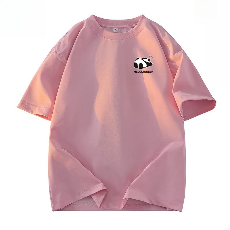 Sommerliches Baumwoll-T-Shirt mit lockerem Schnitt, Panda-Grafikdruck und Fünf-Minuten-Ärmeln