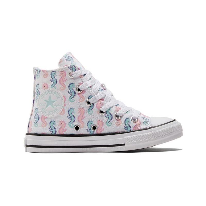 Converse Chuck Taylor All Star Kids High Canvas Shoes All-over Seahorse Print Wear-resistant White Blue Pink 372871C