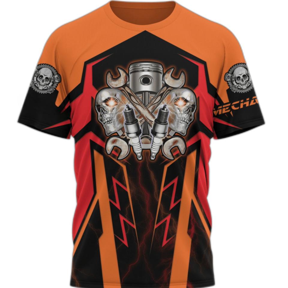 Mechanic 3D Printed Short Sleeved T-shirt Summer Breathable Polyester Simple Round Neck Top