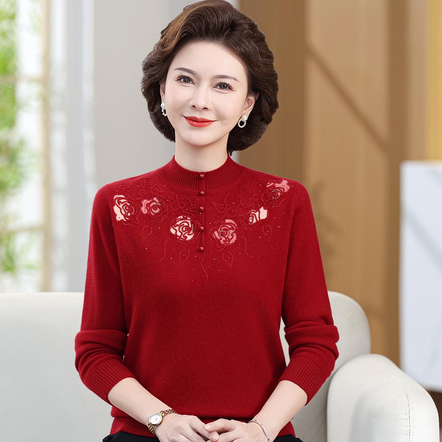 

Mom s Wool Sweater: Women s Autumn/Winter Embroidered Knitted Half-High Neck for Middle-Aged & Elderly XL [52-60 kg] винний/червоний