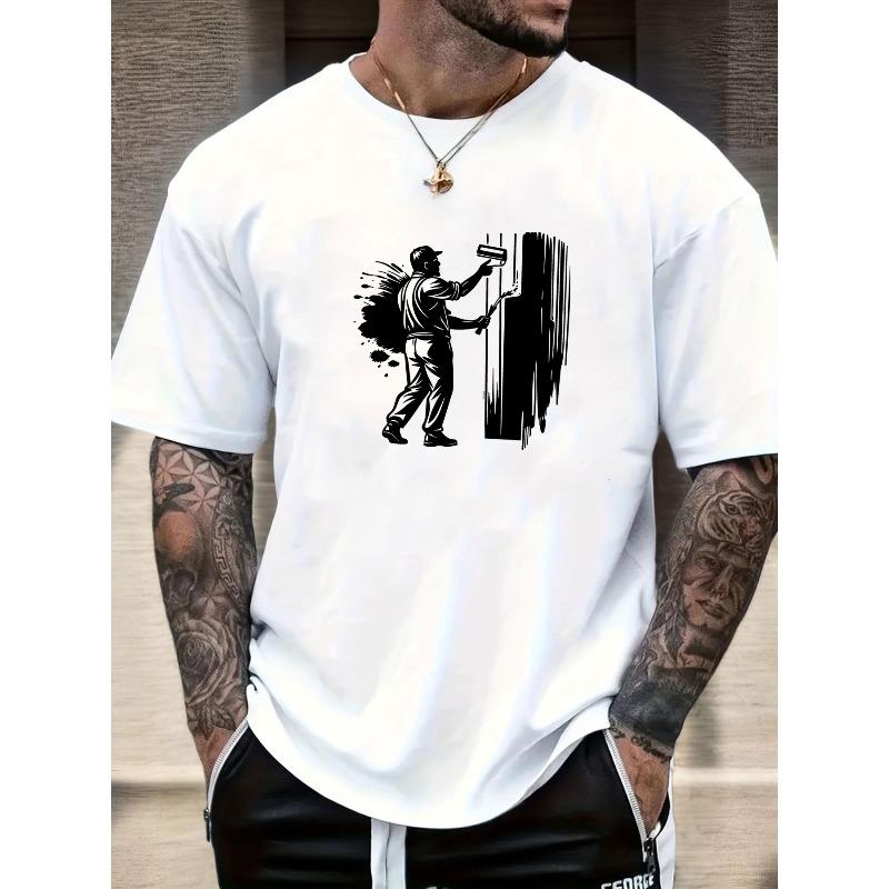 European sizes Men's Short-Sleeve T-Shirt with Worker Wall Brush Print - Solid Color Round Neck Summer Casual Workwear Tee for, & Casual Attire