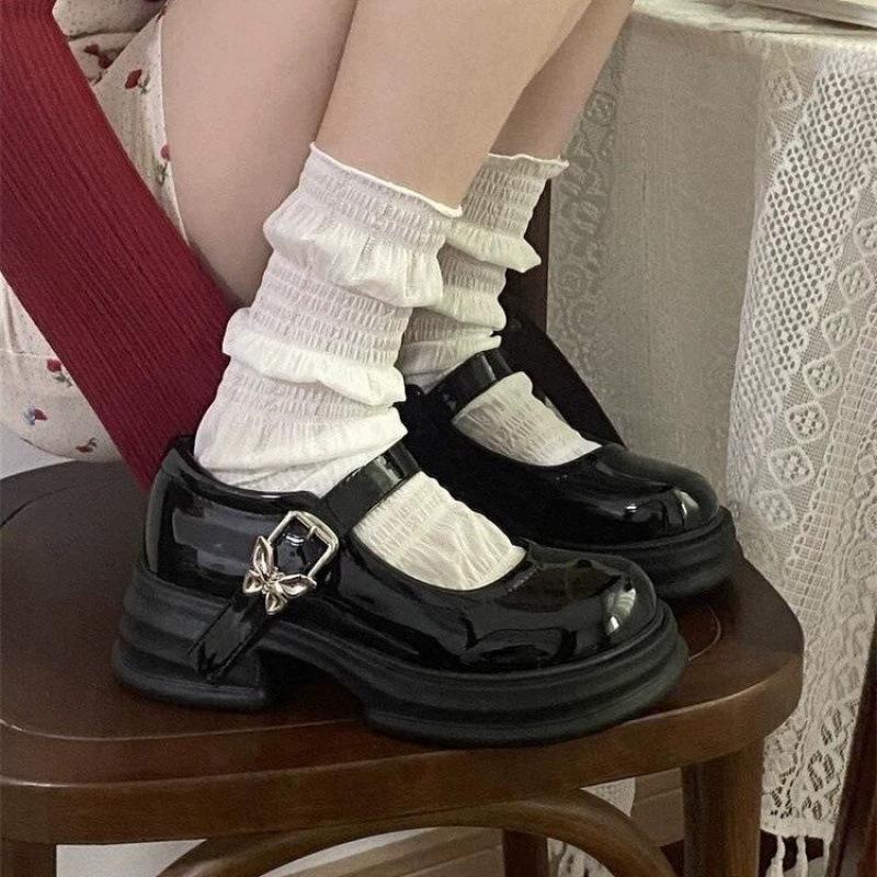 Franske Mary Jane-sko med høye hæler for kvinner, Retro, Enspennelukning, Allsidig sløyfe, Tykksålede, Chunky-hælede skinnsko