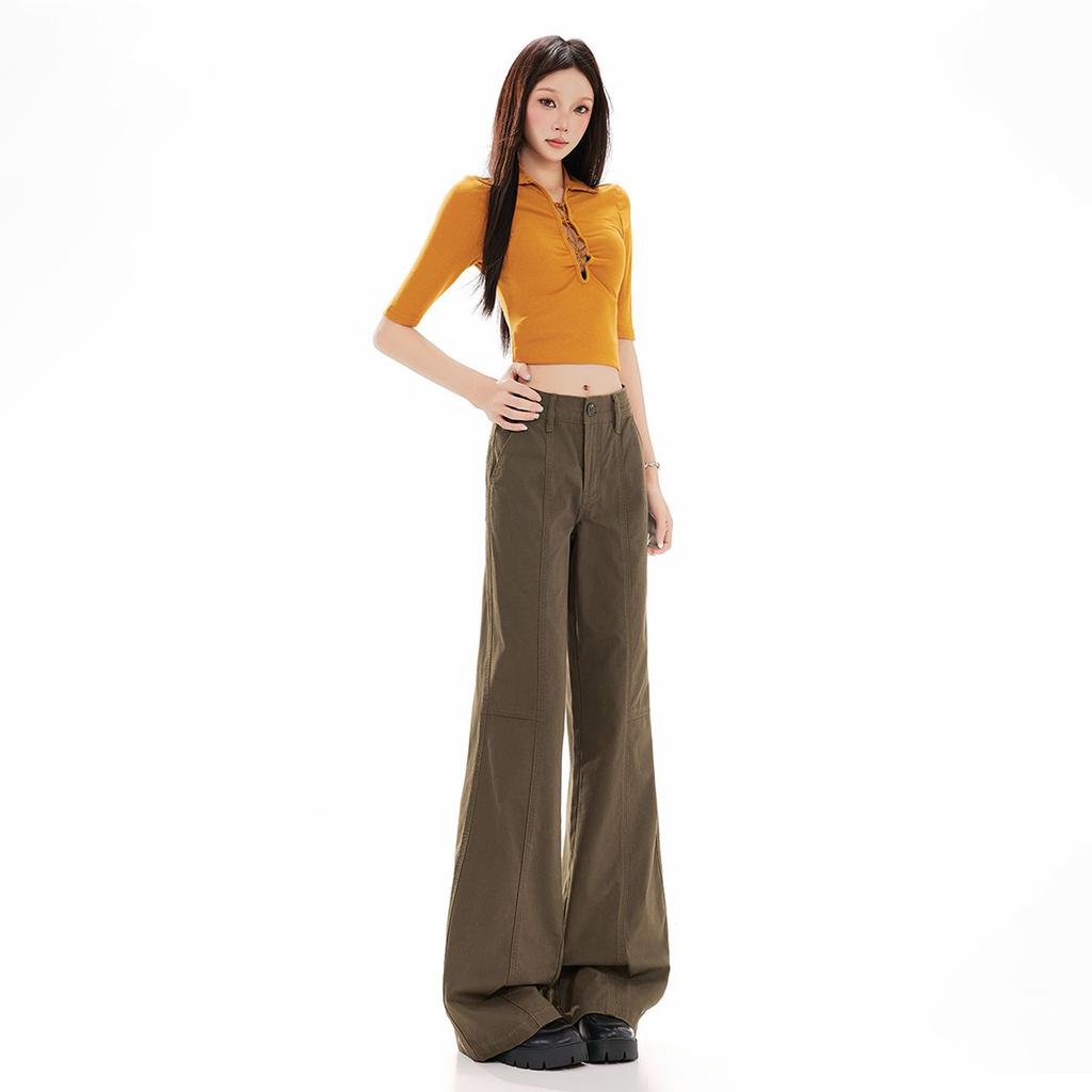 Spring Summer Vintage Brown Coffee Slim Micro Flare Patchwork Denim Pants For Women Casual Pants Oversize Denim Trousers