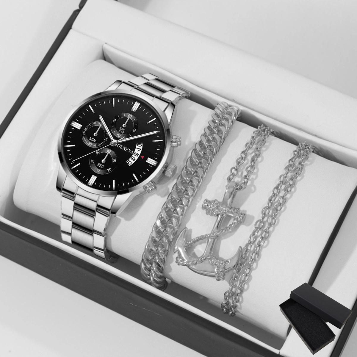 

Набор из 3 предметов, модные роскошные мужские деловые часы, мужские повседневные кварцевые наручные часы из нержавеющей стали с датой, мужские наручные часы с золотым ожерельем и браслетом