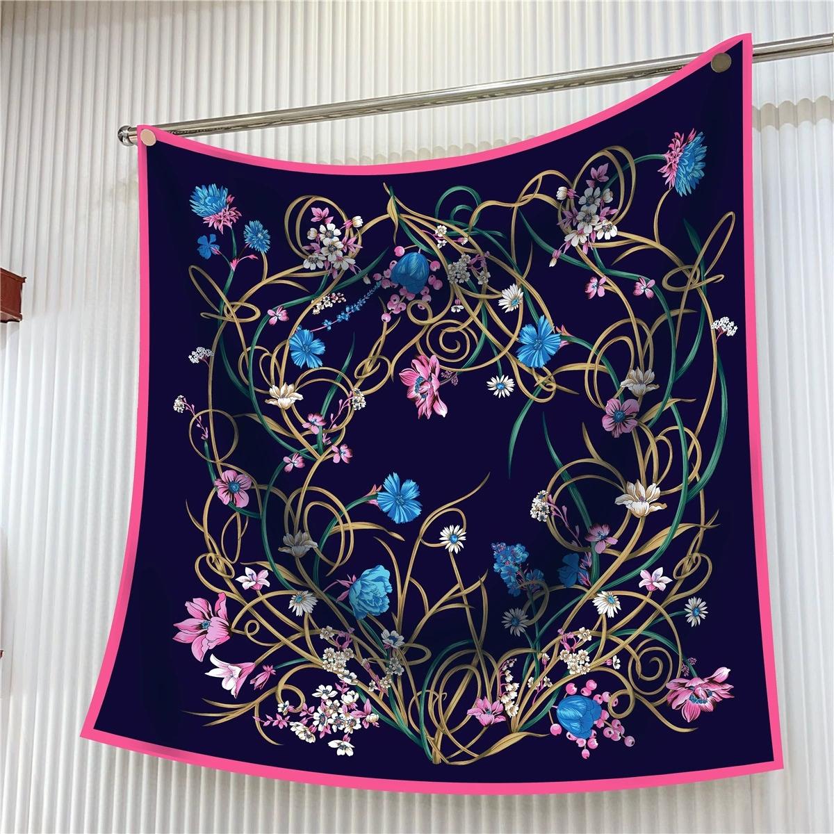 

Korean Summer 90cm Colorful Floral Print Twill Silk Scarf Shawl Luxury Square Scarves Women Hijabs Neckerchief Head Scarves 90x90cm