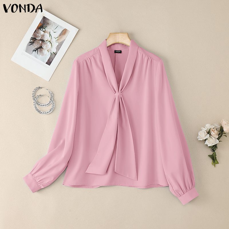 VONDA Womens Casual Tie Up V Neck Long Sleeve Casual Office Shirts Blouse