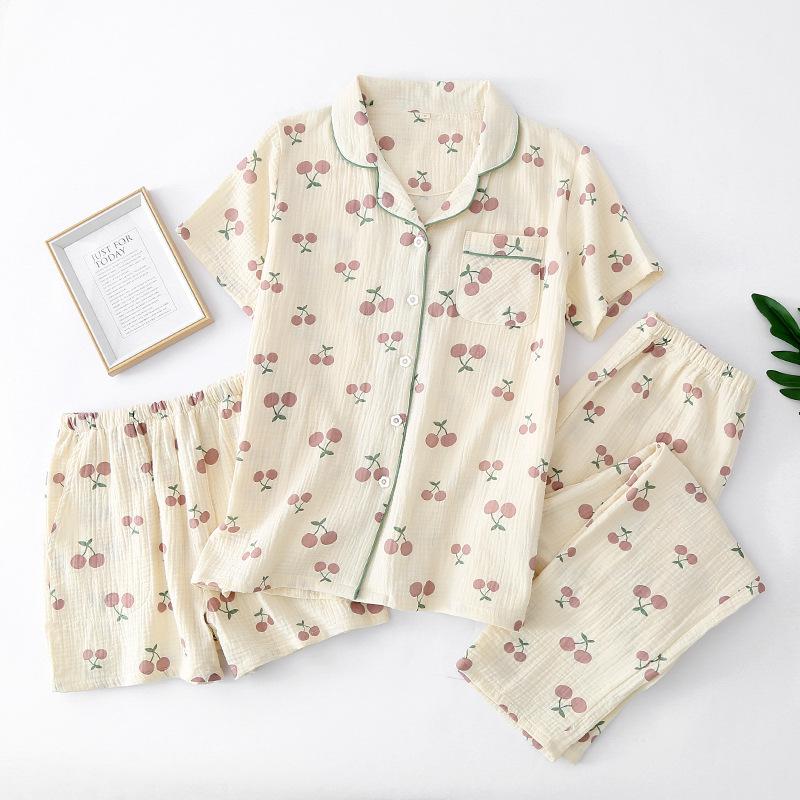 Crepe cotton seersucker women's summer short-sleeved trousers and shorts three-piece set lapel loose loungewear pajamas
