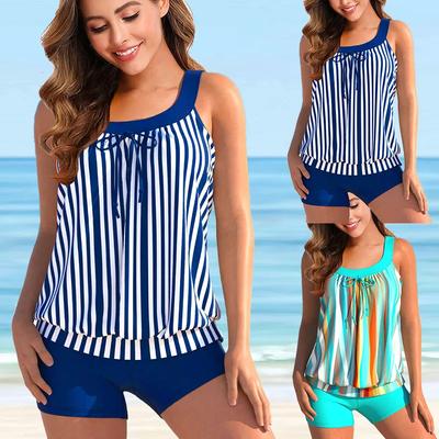 Kadın Günlük Popüler Yaz Plaj Bikini Mavi Beyaz Çizgili Desenli Mayo Tankini Takımı Mayo S-6XL