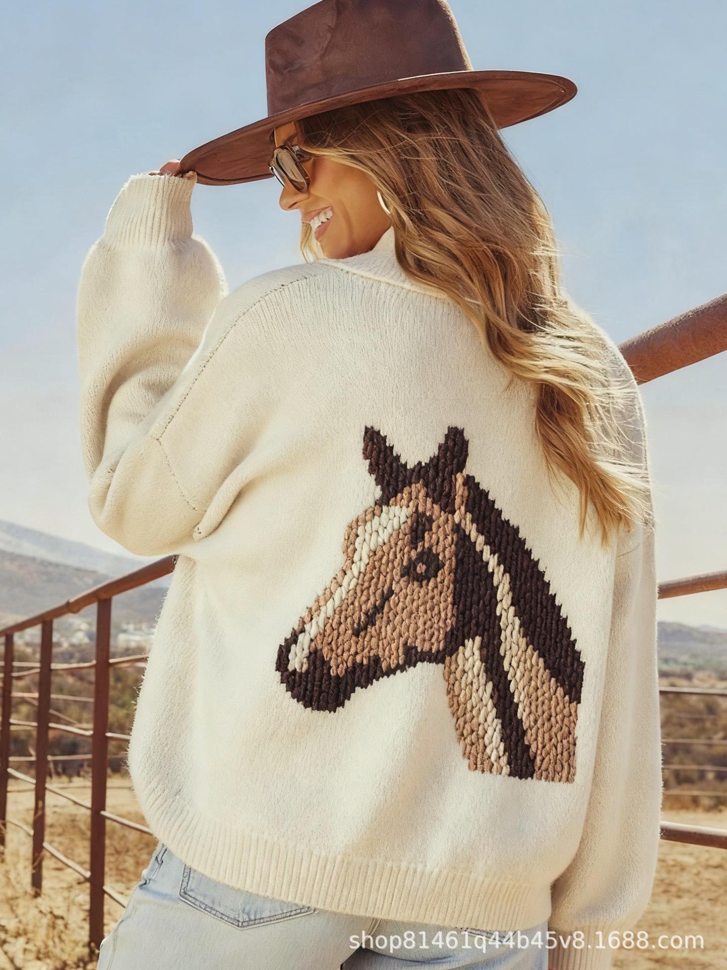 Trendy Women s Embroidered Horse Pattern Knit Cardigan with Lapels and Drop Shoulders M