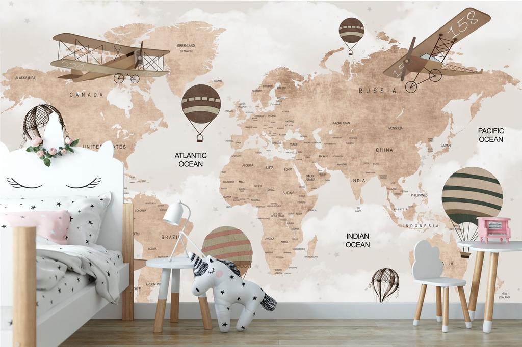 Children's photo wallpaper world map with planes and balloons DWK299 200x135
