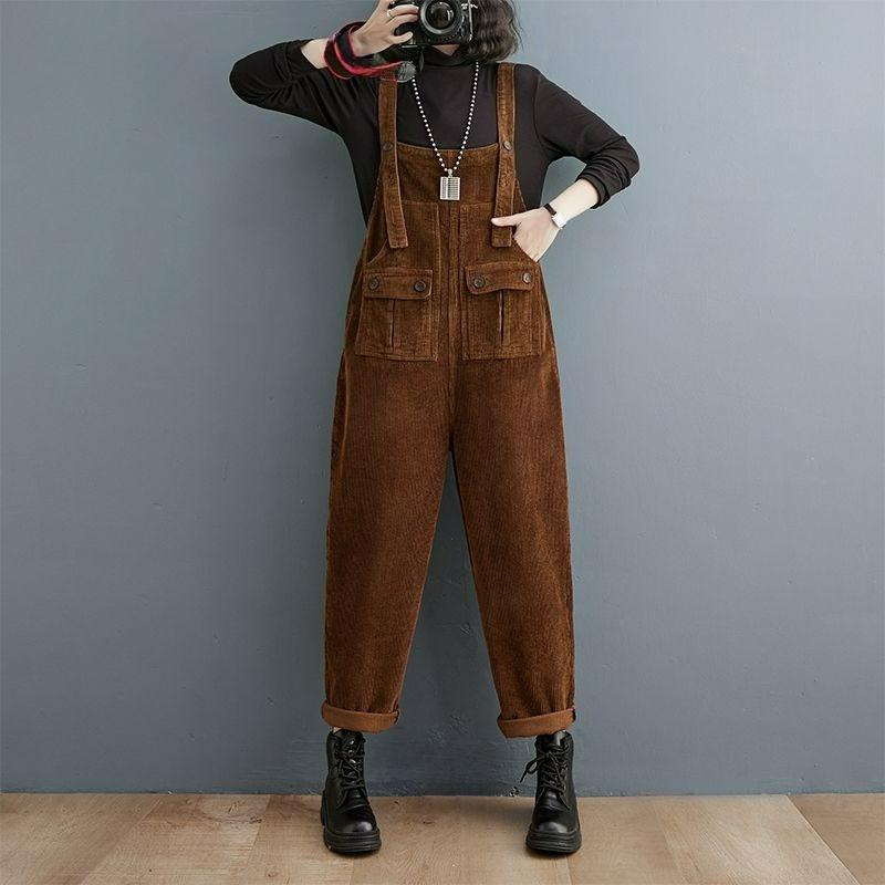 

Женский вельветовый комбинезон большого размера, осенне-зимние модели, ретро, дикий, свободный, повседневный, темпераментный, прямые брюки-комбинезон XXL коричневый