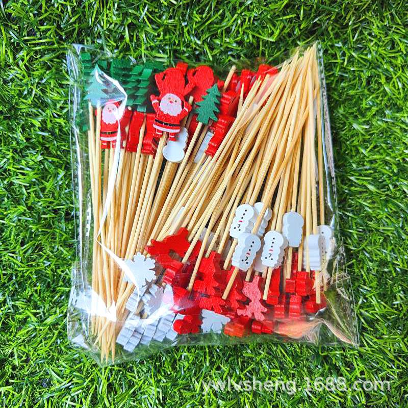 50Pcs/set Christmas Fruit Sticks Disposable Bamboo Sticks Snowflake Christmas Tree Elk Santa Claus Snowman Sticks Xmas Ornaments