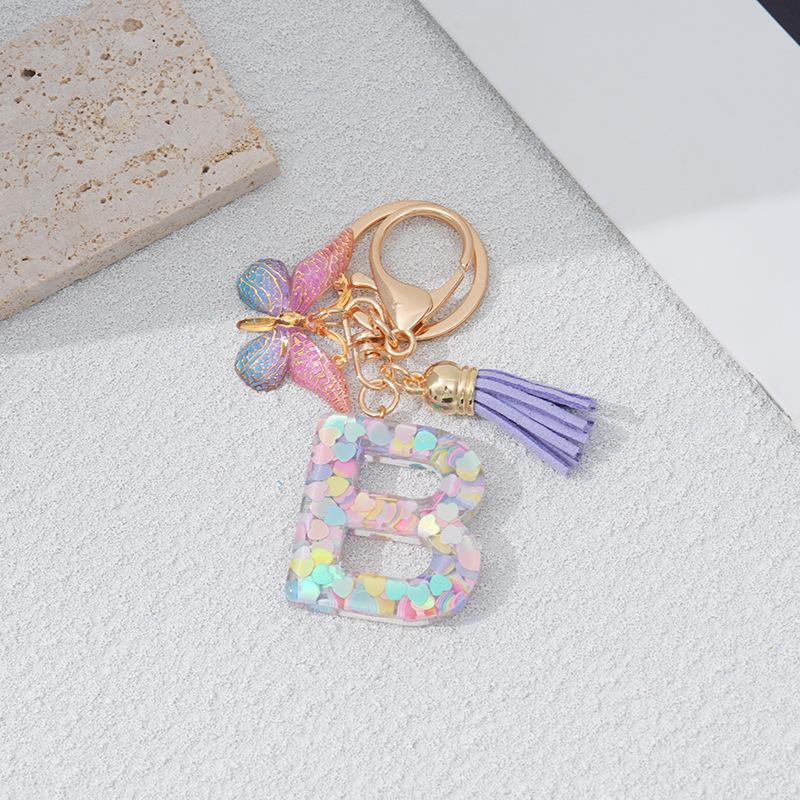 Heart & Alphabet Keychain with Butterfly and Tassel Bag Charm