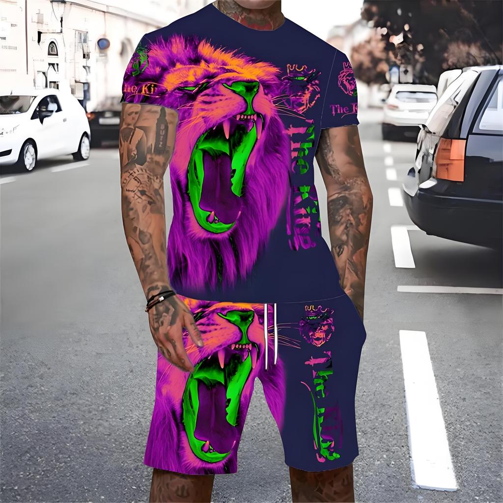 Trendy Lion Graphic Short Sleeve Top Drawstring Shorts Set Summer T-shirt Pocket Shorts 2-piece Set Oversized Men's Clothing