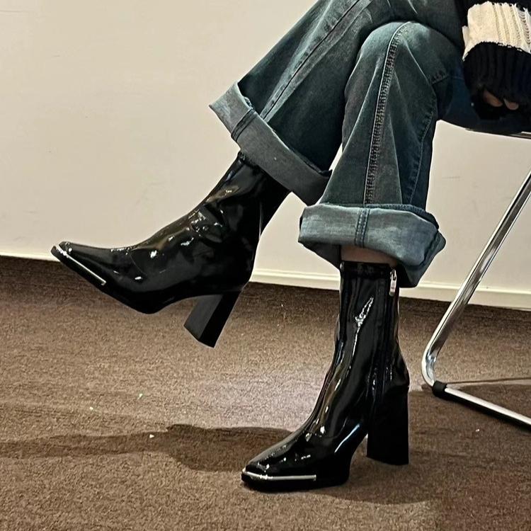 Women Boots Square Head Patent Leather Thick Heel Short Boot Lady Fad Retro Temperament Boot Soft Sole Platform Boot Botas Mujer
