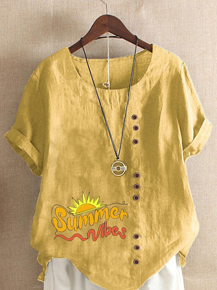 Women's Fashion Letter Print Round Neck Short Sleeve T-shirt Casual Cotton Linen Graphic Shirt Leisure Loose Summer Blouse Tops