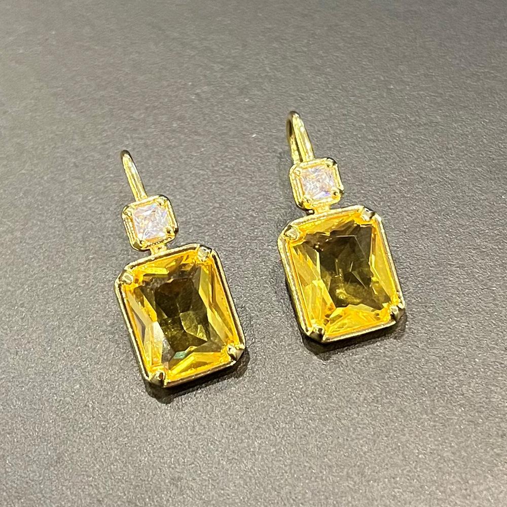 Korean High-End Colored Treasure Earrings Internet Celebrity Style Yellow Diamond Square Zircon Women'S Earrings Simple And Versatile Earrings