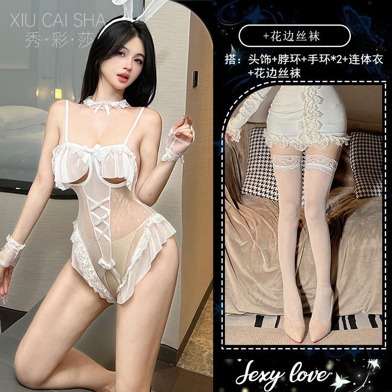 Sex lingerie sexy breasts cute playful bunny uniform temptation open lace onesie hair