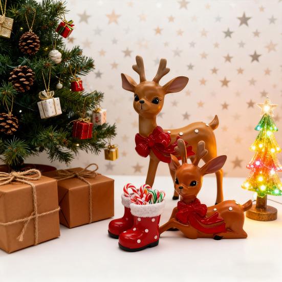 Vintage Spotted Deer Ornament Resin Sika Deer Figurine with Red Bow Cute Deer Statue for Christmas Decoration Table Centerpiece