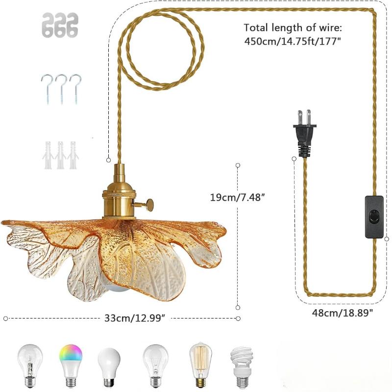 Vintage Hanging Light with Plug In Cord on/Off Switch Brushed Brass Pendant Light Fixtures