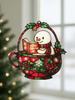 Acrylic Window Hanging Ornament - Cute Snowman Reading Book, Red & Green Teacup Design, Festive Decor for Xmas Tree & Home Decor