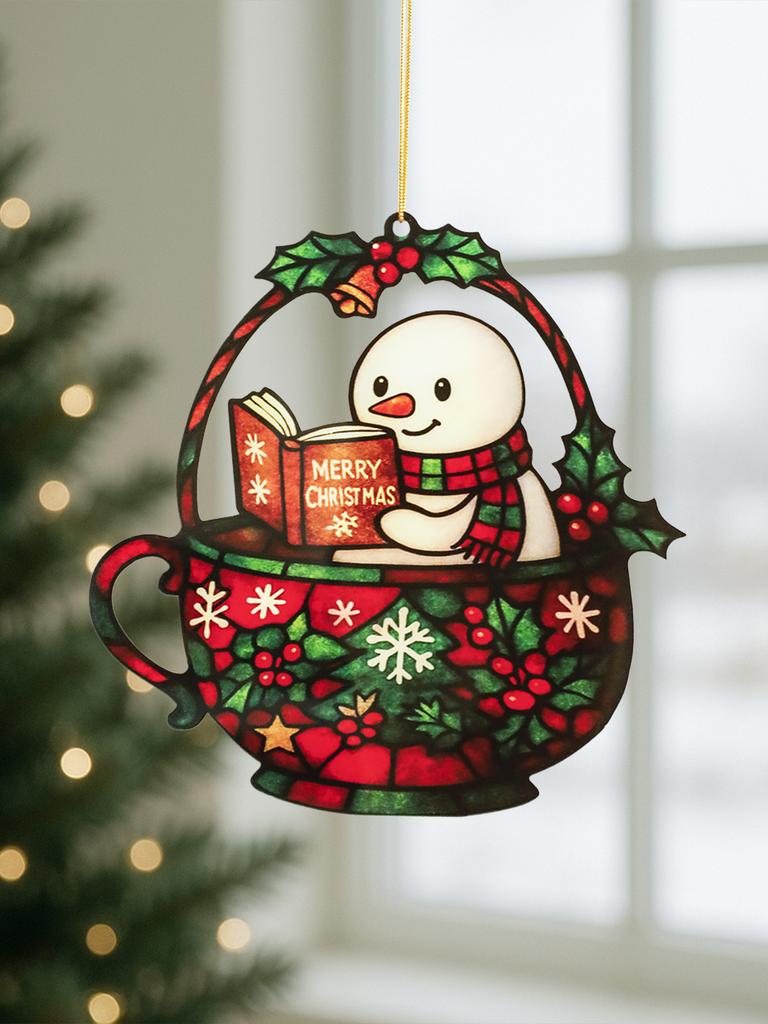 Acrylic Window Hanging Ornament - Cute Snowman Reading Book, Red & Green Teacup Design, Festive Decor for Xmas Tree & Home Decor