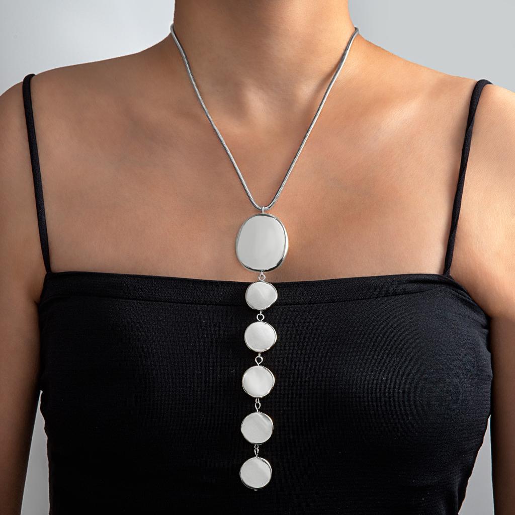 Personalized Fashion Round Pendant Long Women's Necklace Earrings Geometric Smooth CCB Jewelry Set