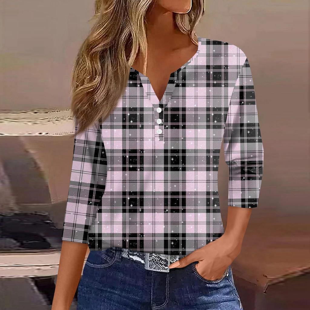 Women's T Shirt Tee Printed Button 3/4 Sleeve Tunic Daily Weekend Fashion Basic V- Neck Regular Top