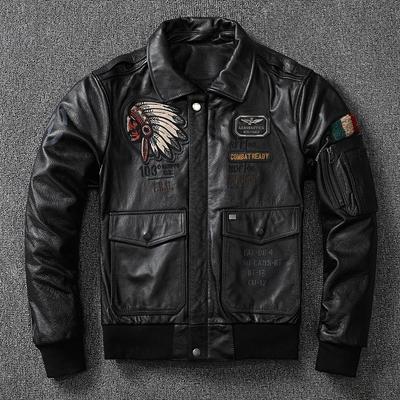 Jaqueta de couro de vaca de camada superior pura bordada indiana americana para terno de vôo curto masculino, jaqueta de couro tendência jovem